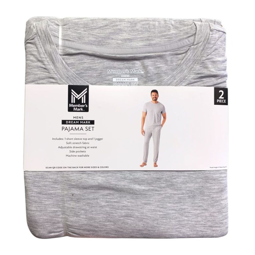 Member's Mark Mens Dream Mark Pajama Set, Short Sleeve Top and Jogger - Grey